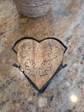 Wood Heart Coasters with Black Metal Stand